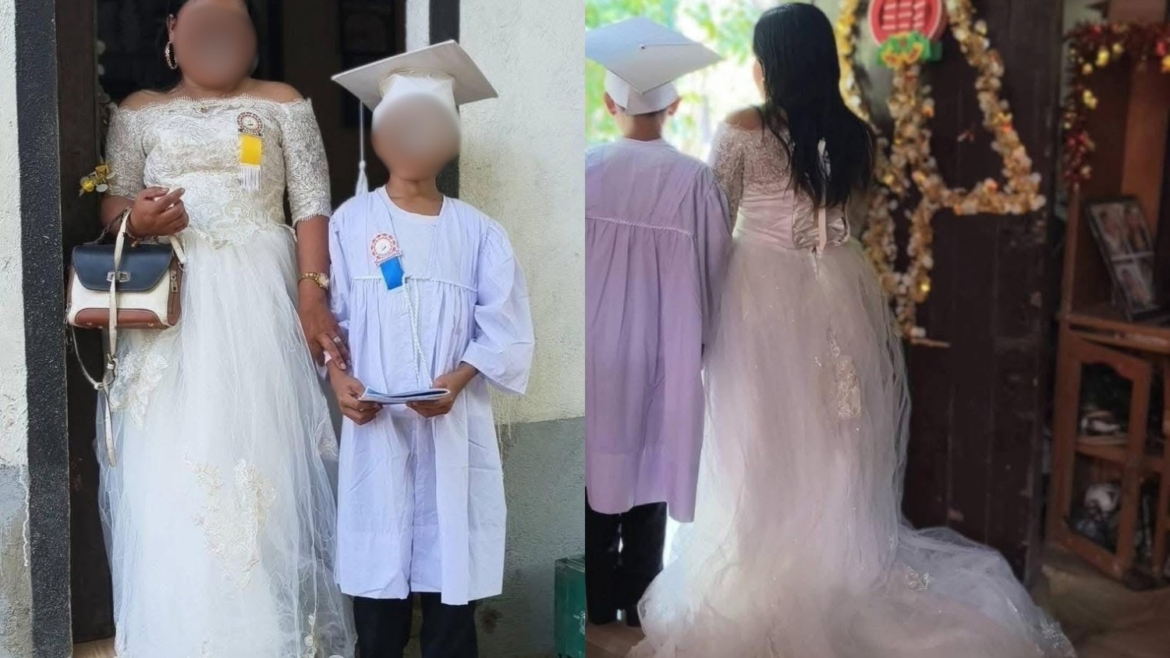 Mom wears wedding dress in graduation
