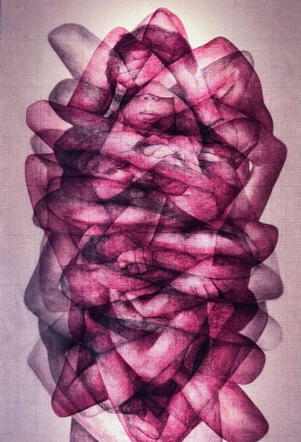 Strong (2025), Acrylic on Gauze: A powerful study in layering, "Strong" utilizes deep magenta and violet tones to build a dense, muscular composition. Here, the artist reinforces the fragile gauze with acrylic and ink, mirroring his own narrative of building strength through vulnerability. The piece demonstrates why Diñoso has become a staple at the Pinto Art Museum, where his work continues to interrogate the boundaries of identity and form.