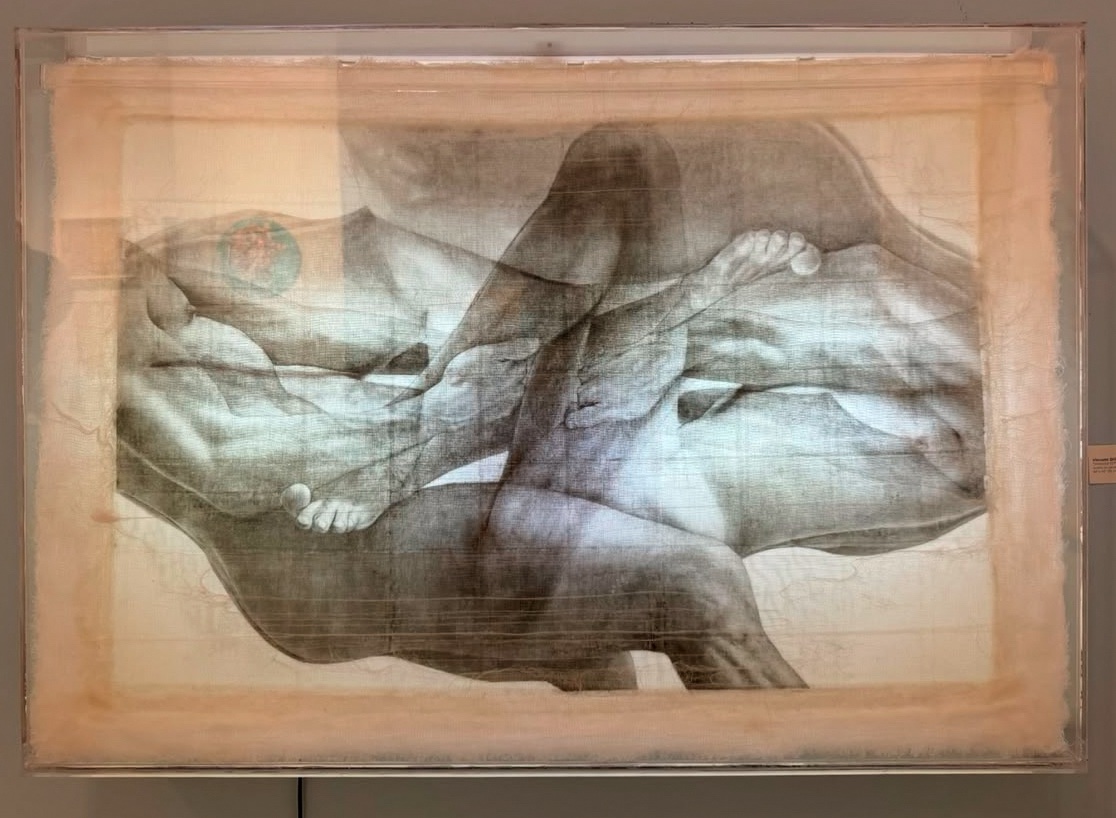 Tangled 727 (2024), Acrylic on Gauze: "Tangled 727" showcases Diñoso’s technical command of anatomy, where limbs and torsos blur into a singular, complex silhouette. The use of gauze—a medium Diñoso first discovered in his youth—transforms the solid human body into something spectral and delicate, inviting the viewer to sit with the "quiet transformations" of the form.