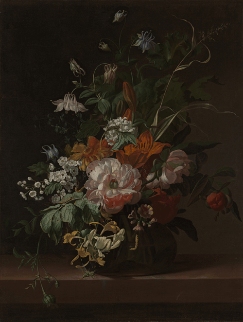 "Flowers in a Vase" by Rachel Ruysch, about 1685, oil on canvas, 57 by 43.5 cm. Photo from The National Gallery website